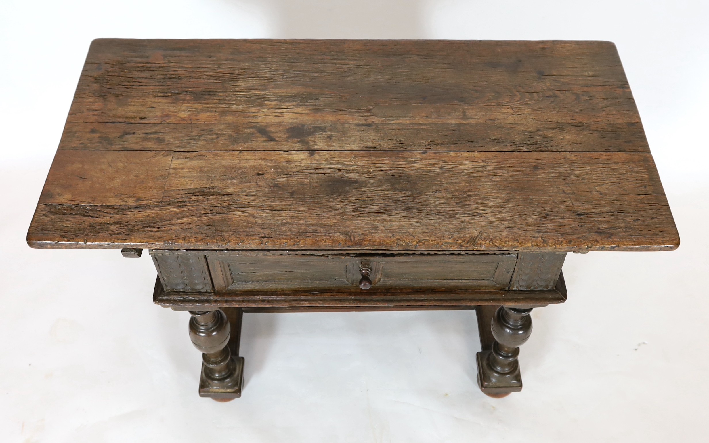 A late 17th century Dutch oak side table, width 132cm, depth 65cm, height 79cm